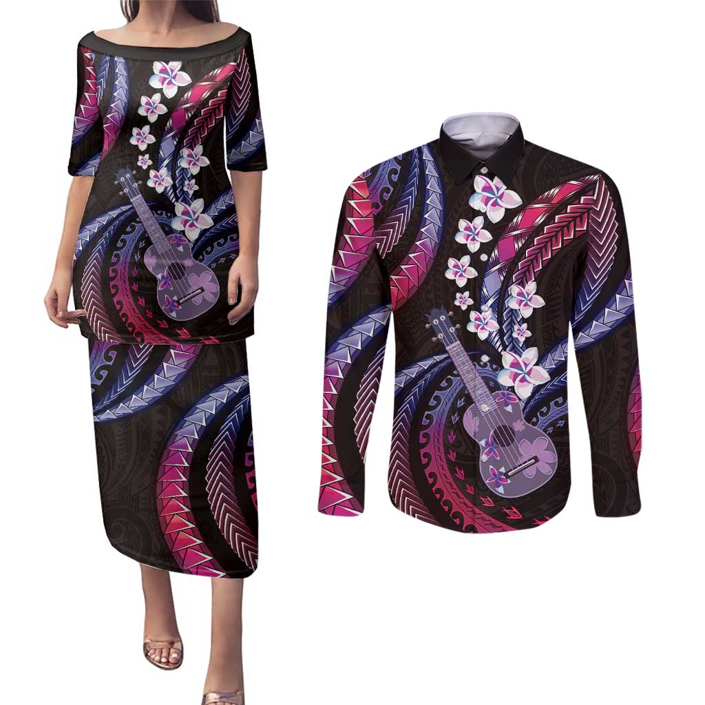 Hawaiian Ukulele Couples Matching Puletasi and Long Sleeve Button Shirt Sweet Dream Fantastic Plumeria