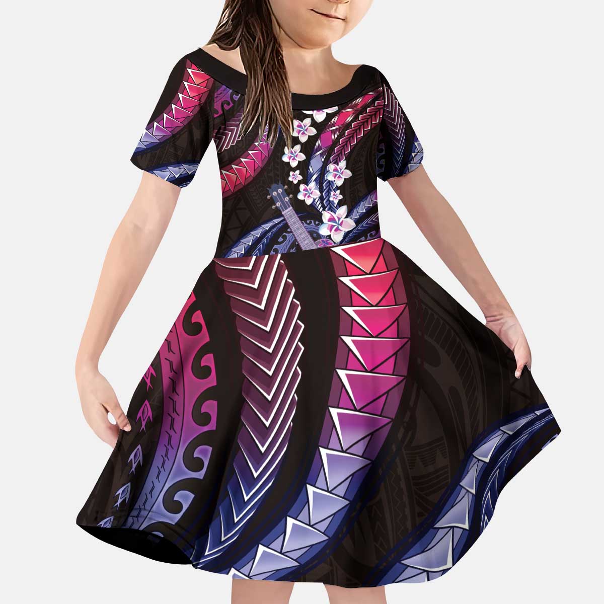 Hawaiian Ukulele Kid Short Sleeve Dress Sweet Dream Fantastic Plumeria
