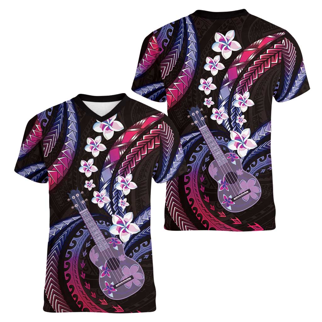 Hawaiian Ukulele Women V-Neck T-Shirt Sweet Dream Fantastic Plumeria