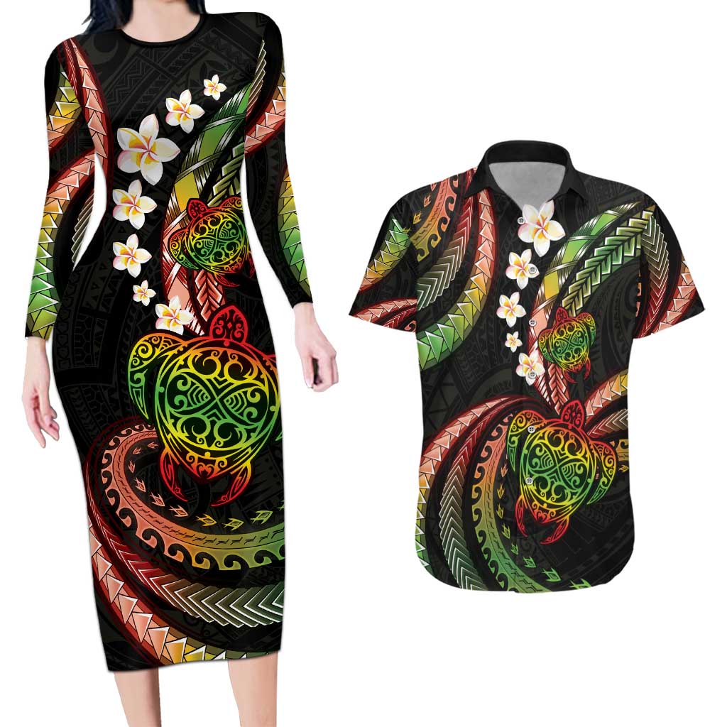 Hawaii Turtles Plumeria Couples Matching Long Sleeve Bodycon Dress and Hawaiian Shirt Reggae Polynesian Pattern LT01 Reggae - Polynesian Pride