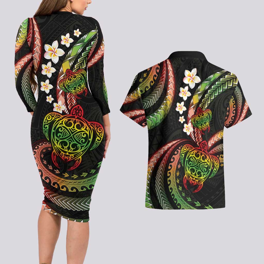 Hawaii Turtles Plumeria Couples Matching Long Sleeve Bodycon Dress and Hawaiian Shirt Reggae Polynesian Pattern LT01 - Polynesian Pride