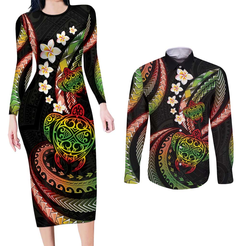 Hawaii Turtles Plumeria Couples Matching Long Sleeve Bodycon Dress and Long Sleeve Button Shirt Reggae Polynesian Pattern LT01 Reggae - Polynesian Pride