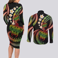 Hawaii Turtles Plumeria Couples Matching Long Sleeve Bodycon Dress and Long Sleeve Button Shirt Reggae Polynesian Pattern LT01 - Polynesian Pride