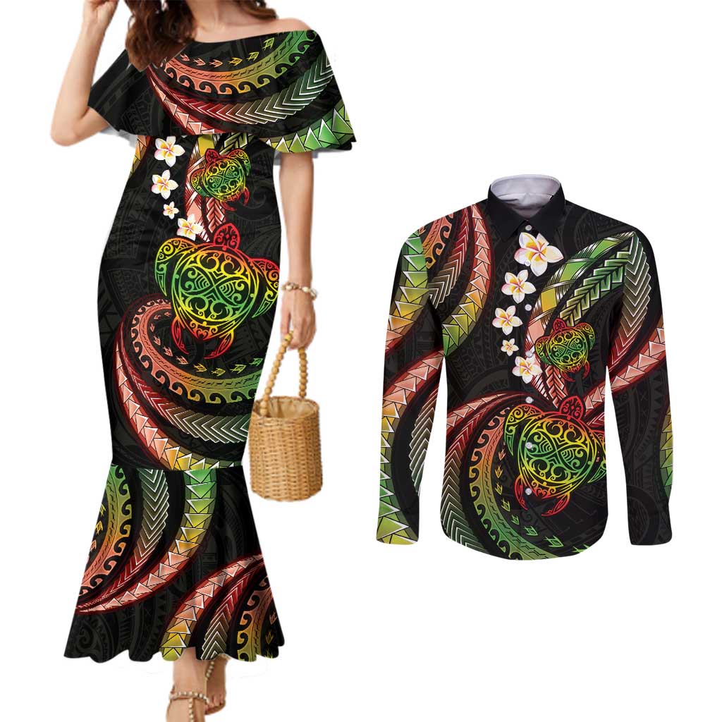 Hawaii Turtles Plumeria Couples Matching Mermaid Dress and Long Sleeve Button Shirt Reggae Polynesian Pattern LT01 Reggae - Polynesian Pride