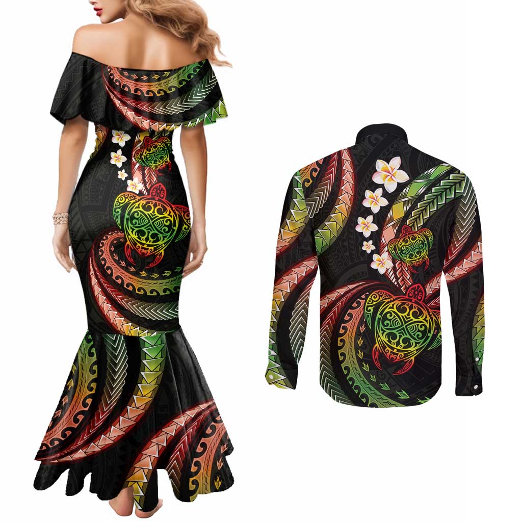 Hawaii Turtles Plumeria Couples Matching Mermaid Dress and Long Sleeve Button Shirt Reggae Polynesian Pattern LT01 - Polynesian Pride