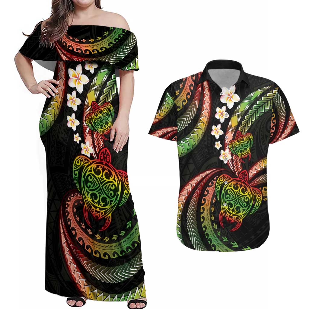 Hawaii Turtles Plumeria Couples Matching Off Shoulder Maxi Dress and Hawaiian Shirt Reggae Polynesian Pattern LT01 Reggae - Polynesian Pride