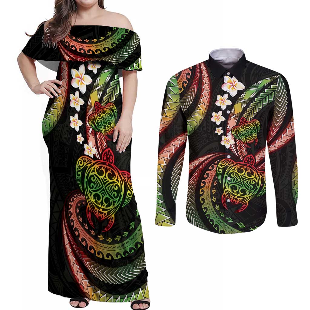 Hawaii Turtles Plumeria Couples Matching Off Shoulder Maxi Dress and Long Sleeve Button Shirt Reggae Polynesian Pattern LT01 Reggae - Polynesian Pride