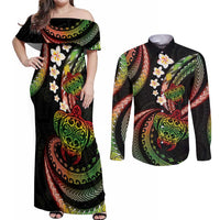 Hawaii Turtles Plumeria Couples Matching Off Shoulder Maxi Dress and Long Sleeve Button Shirt Reggae Polynesian Pattern LT01 Reggae - Polynesian Pride