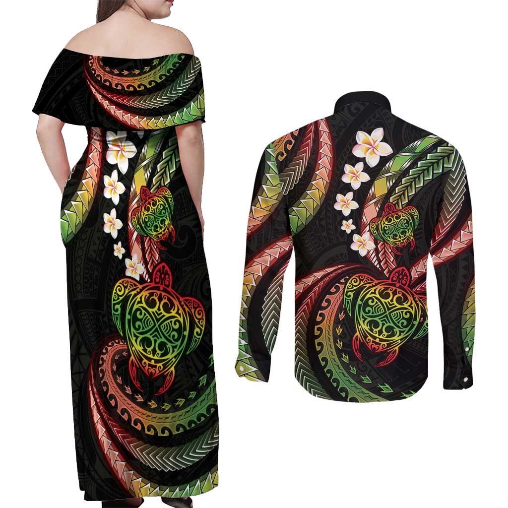 Hawaii Turtles Plumeria Couples Matching Off Shoulder Maxi Dress and Long Sleeve Button Shirt Reggae Polynesian Pattern LT01 - Polynesian Pride