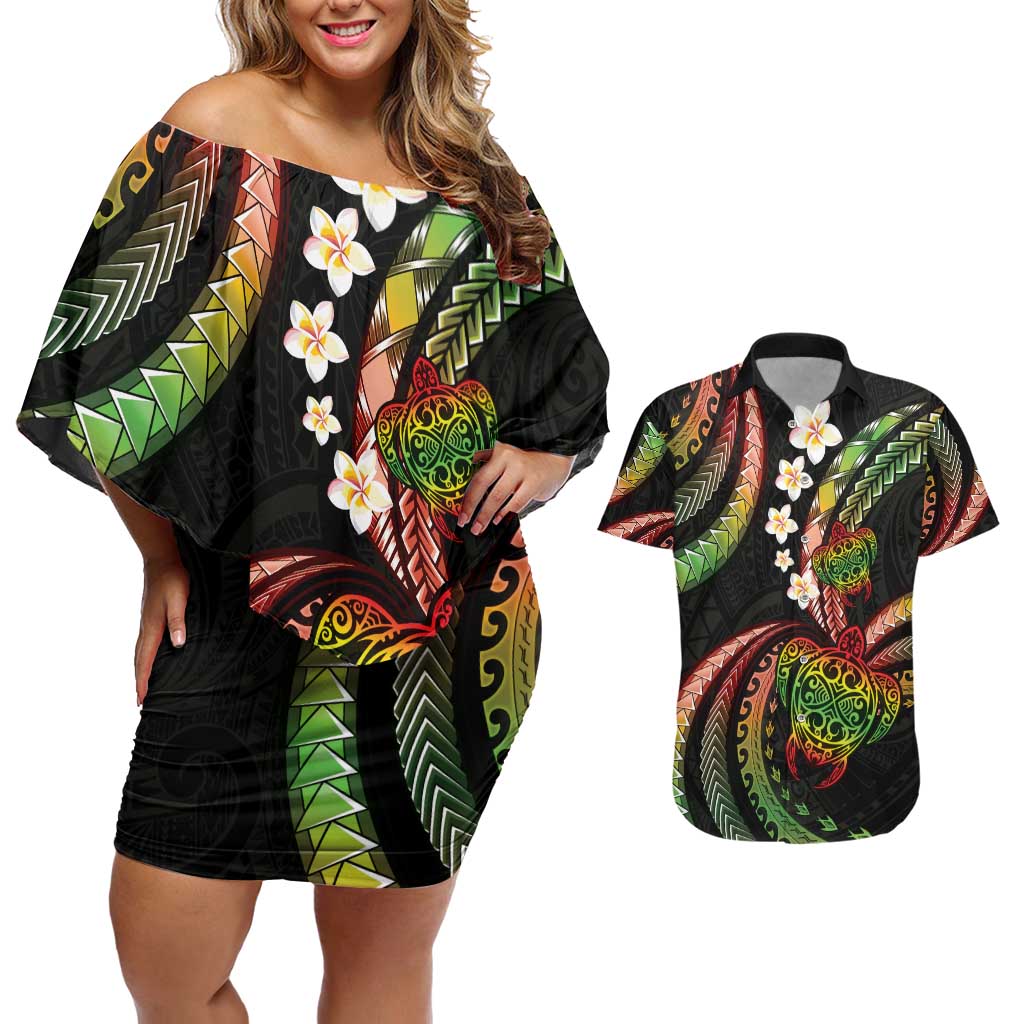 Hawaii Turtles Plumeria Couples Matching Off Shoulder Short Dress and Hawaiian Shirt Reggae Polynesian Pattern LT01 Reggae - Polynesian Pride