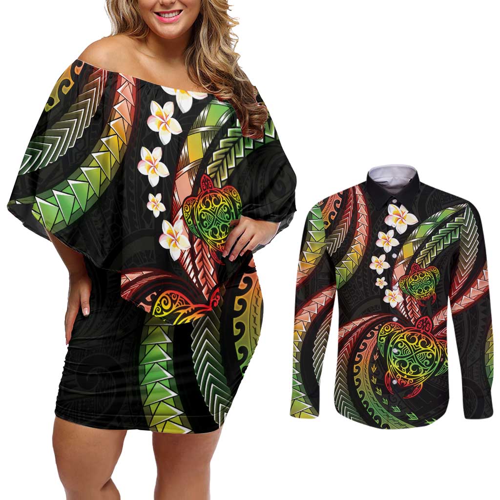 Hawaii Turtles Plumeria Couples Matching Off Shoulder Short Dress and Long Sleeve Button Shirt Reggae Polynesian Pattern LT01 Reggae - Polynesian Pride