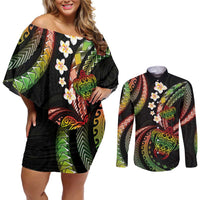 Hawaii Turtles Plumeria Couples Matching Off Shoulder Short Dress and Long Sleeve Button Shirt Reggae Polynesian Pattern LT01 Reggae - Polynesian Pride