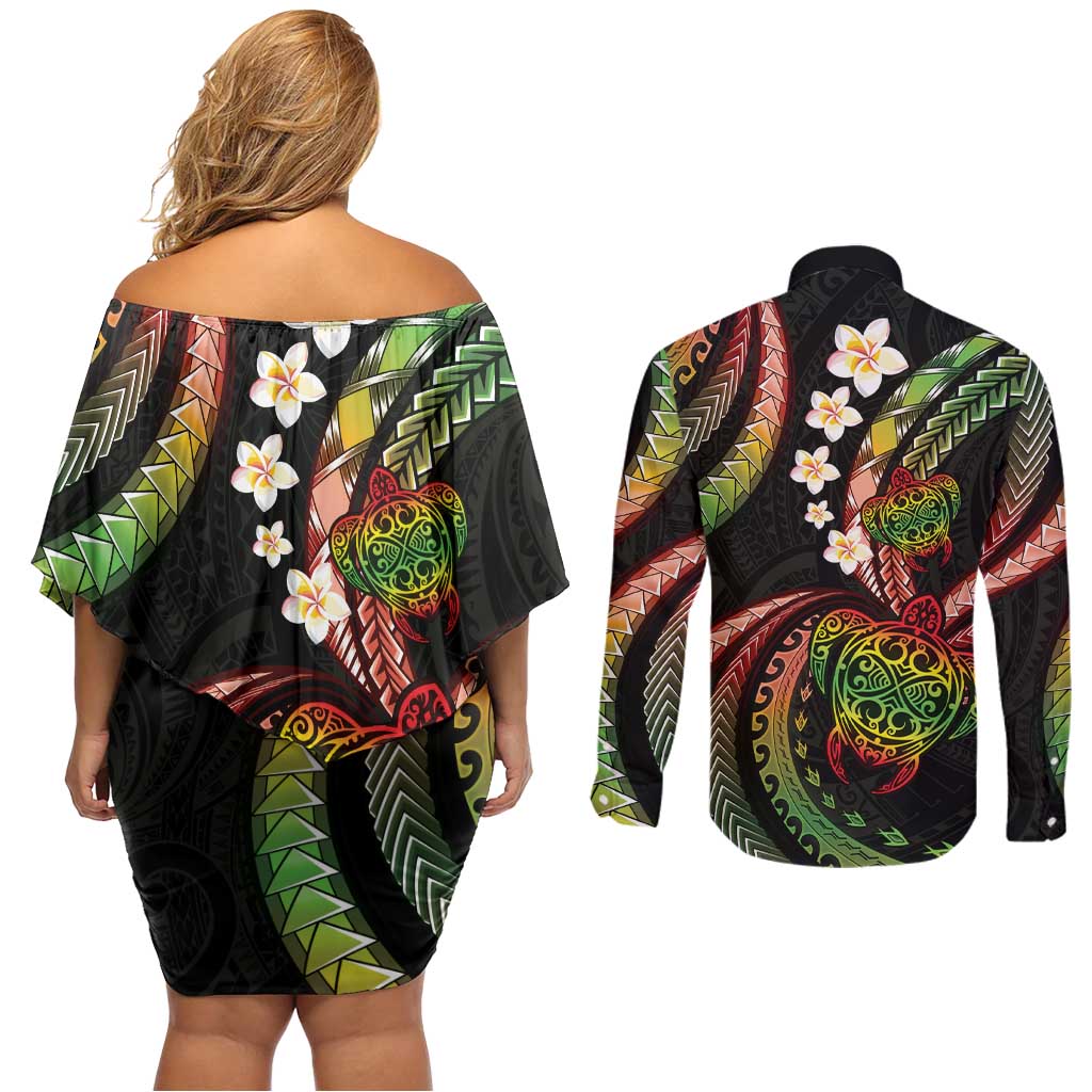 Hawaii Turtles Plumeria Couples Matching Off Shoulder Short Dress and Long Sleeve Button Shirt Reggae Polynesian Pattern LT01 - Polynesian Pride