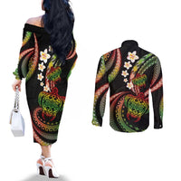 Hawaii Turtles Plumeria Couples Matching Off The Shoulder Long Sleeve Dress and Long Sleeve Button Shirt Reggae Polynesian Pattern LT01 - Polynesian Pride