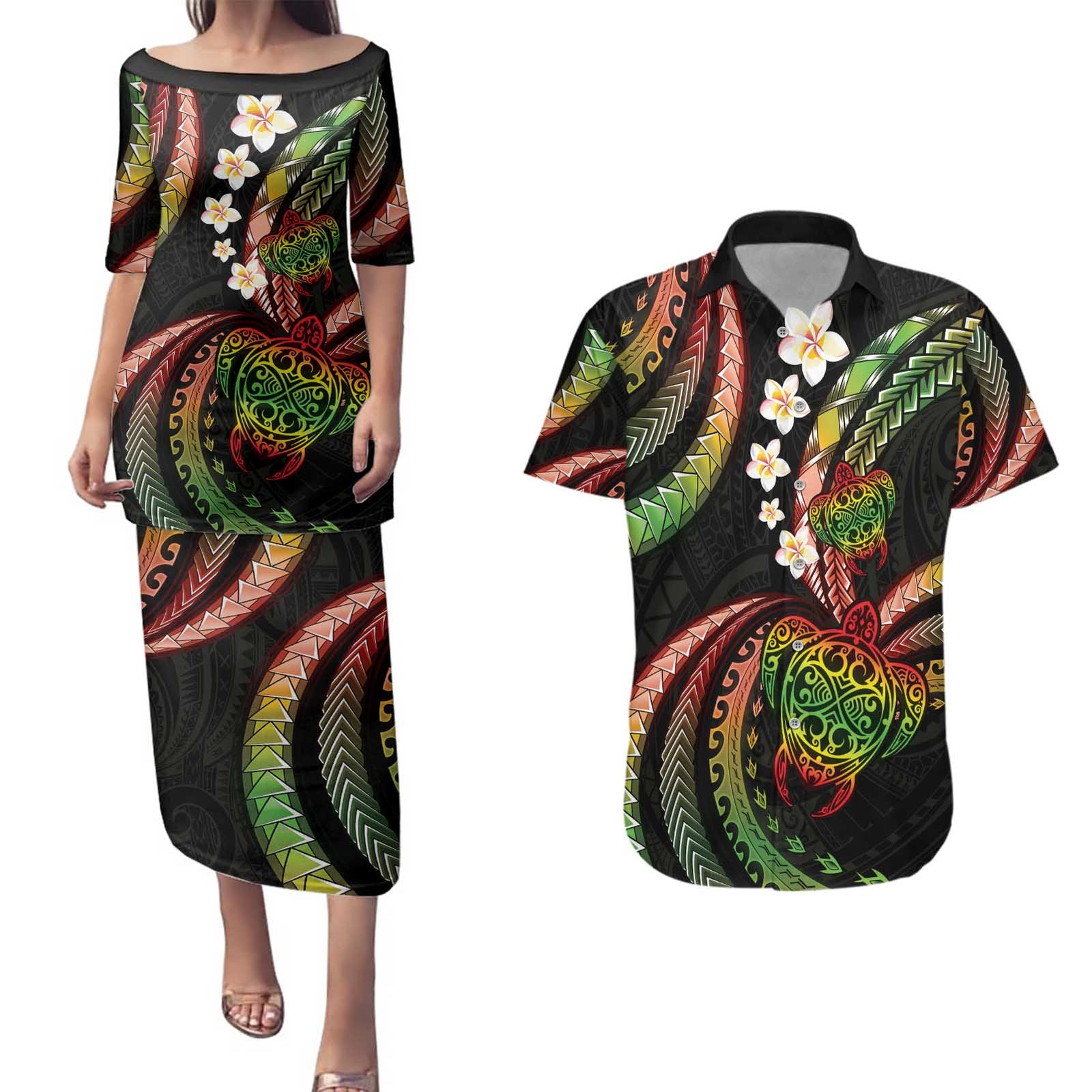 Hawaii Turtles Plumeria Couples Matching Puletasi and Hawaiian Shirt Reggae Polynesian Pattern LT01 Reggae - Polynesian Pride