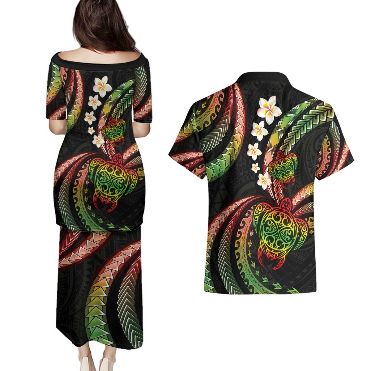 Hawaii Turtles Plumeria Couples Matching Puletasi and Hawaiian Shirt Reggae Polynesian Pattern LT01 - Polynesian Pride