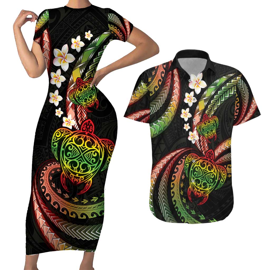 Hawaii Turtles Plumeria Couples Matching Short Sleeve Bodycon Dress and Hawaiian Shirt Reggae Polynesian Pattern LT01 Reggae - Polynesian Pride
