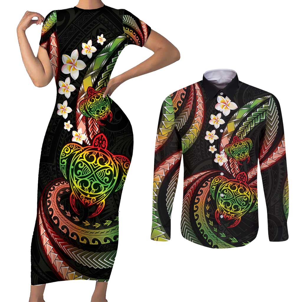 Hawaii Turtles Plumeria Couples Matching Short Sleeve Bodycon Dress and Long Sleeve Button Shirt Reggae Polynesian Pattern LT01 Reggae - Polynesian Pride