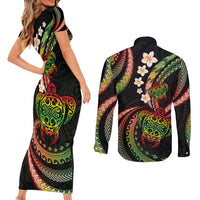 Hawaii Turtles Plumeria Couples Matching Short Sleeve Bodycon Dress and Long Sleeve Button Shirt Reggae Polynesian Pattern LT01 - Polynesian Pride