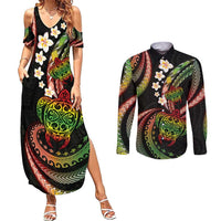 Hawaii Turtles Plumeria Couples Matching Summer Maxi Dress and Long Sleeve Button Shirt Reggae Polynesian Pattern LT01 Reggae - Polynesian Pride