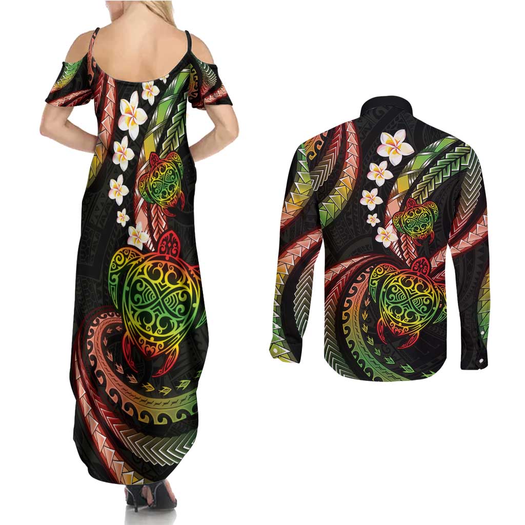 Hawaii Turtles Plumeria Couples Matching Summer Maxi Dress and Long Sleeve Button Shirt Reggae Polynesian Pattern LT01 - Polynesian Pride