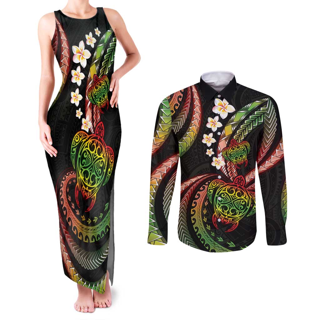 Hawaii Turtles Plumeria Couples Matching Tank Maxi Dress and Long Sleeve Button Shirt Reggae Polynesian Pattern LT01 Reggae - Polynesian Pride