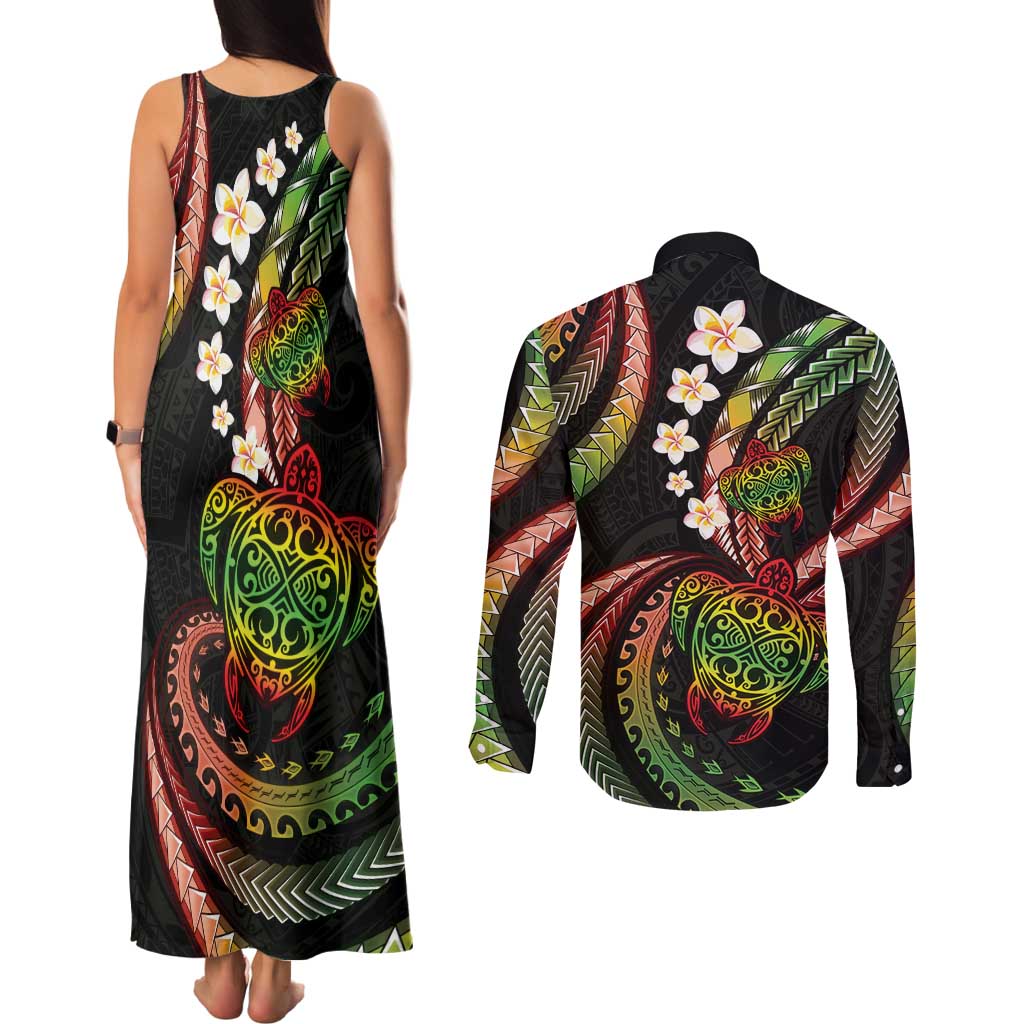 Hawaii Turtles Plumeria Couples Matching Tank Maxi Dress and Long Sleeve Button Shirt Reggae Polynesian Pattern LT01 - Polynesian Pride