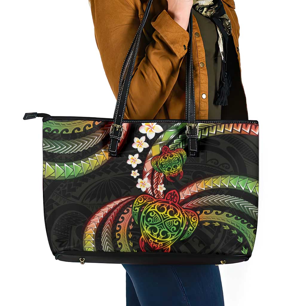 Hawaii Turtles Plumeria Leather Tote Bag Reggae Polynesian Pattern
