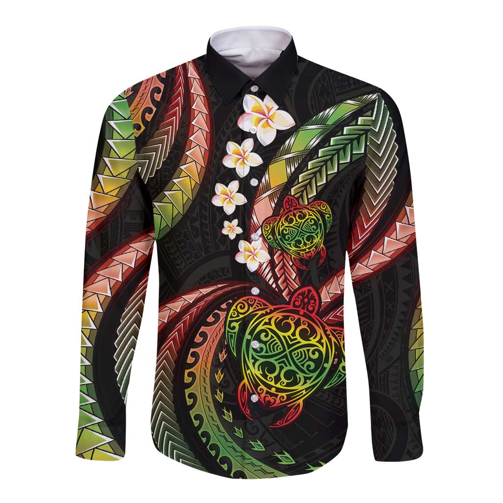 Hawaii Turtles Plumeria Long Sleeve Button Shirt Reggae Polynesian Pattern LT01 Unisex Reggae - Polynesian Pride