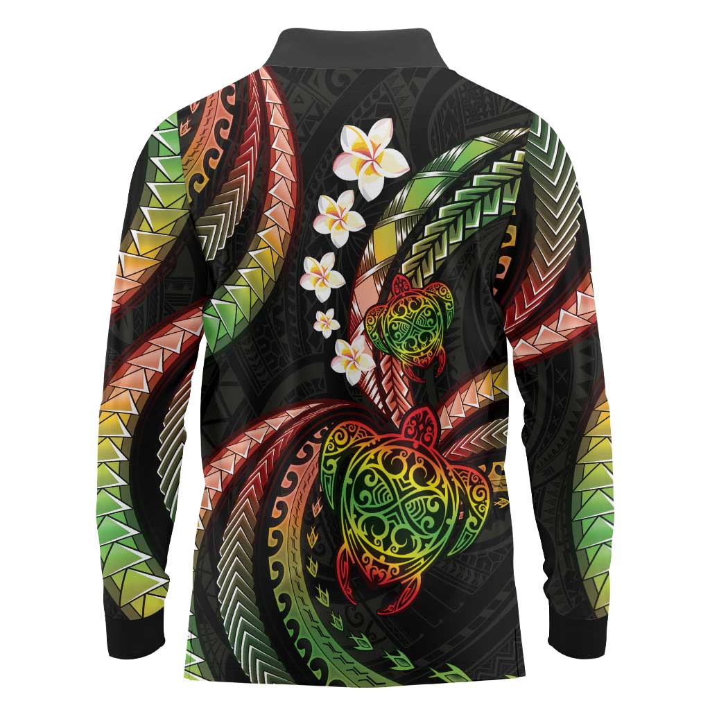 Hawaii Turtles Plumeria Long Sleeve Polo Shirt Reggae Polynesian Pattern