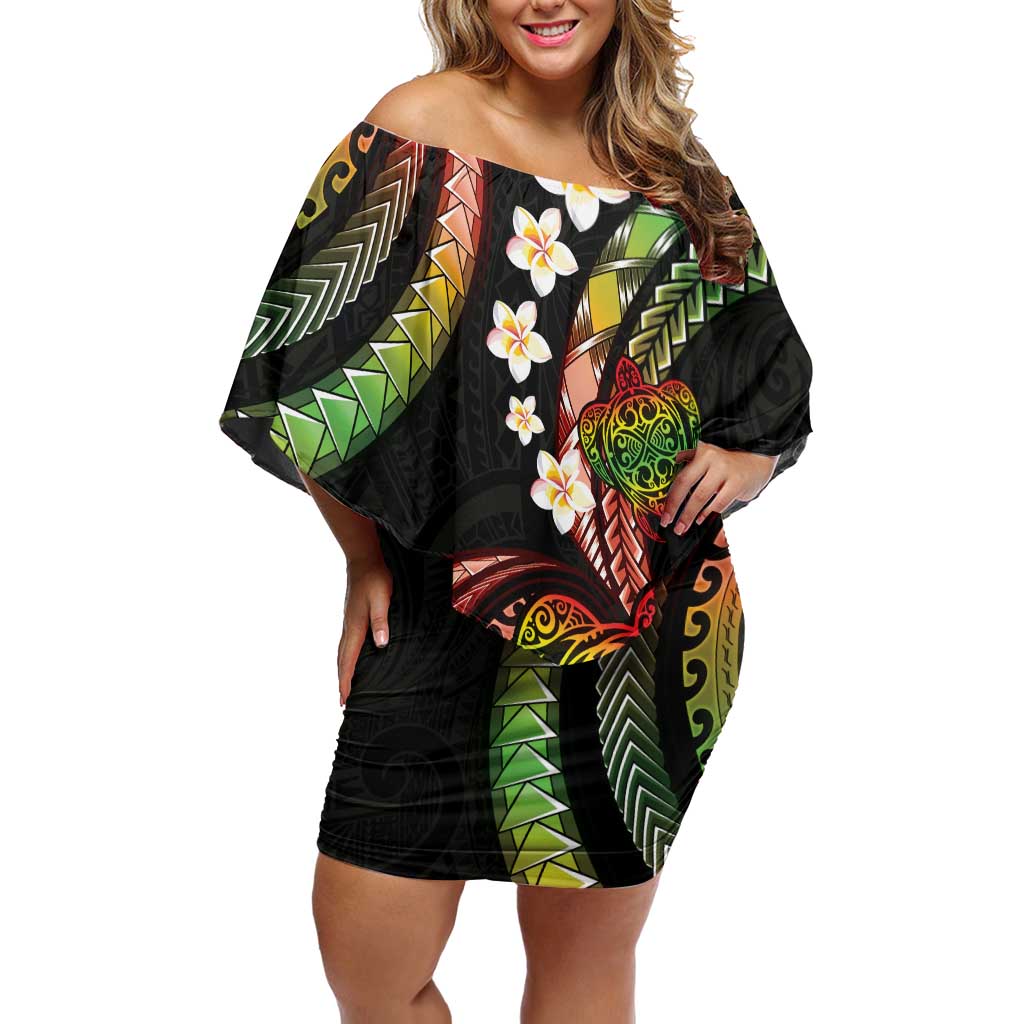 Hawaii Turtles Plumeria Off Shoulder Short Dress Reggae Polynesian Pattern