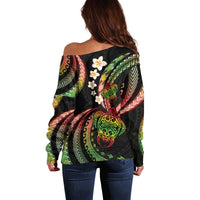 Hawaii Turtles Plumeria Off Shoulder Sweater Reggae Polynesian Pattern