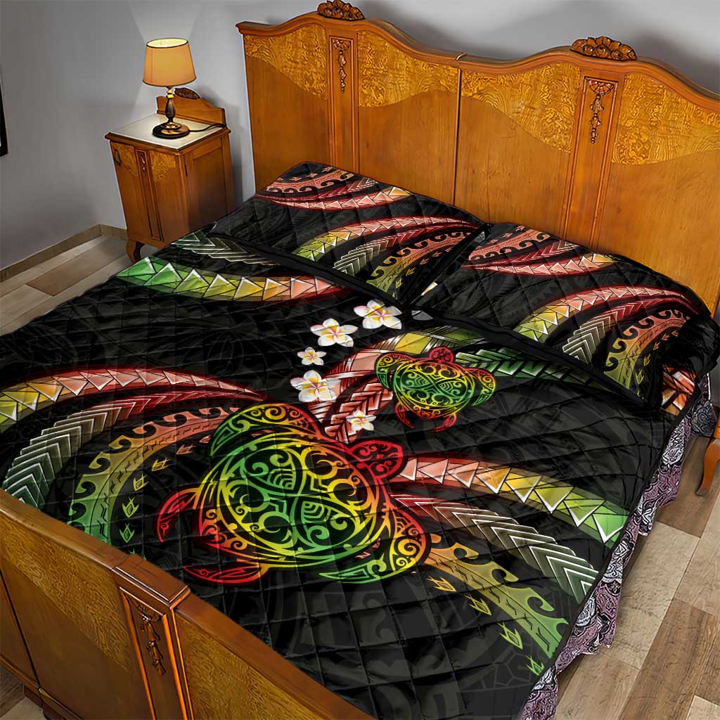 Hawaii Turtles Plumeria Quilt Bed Set Reggae Polynesian Pattern