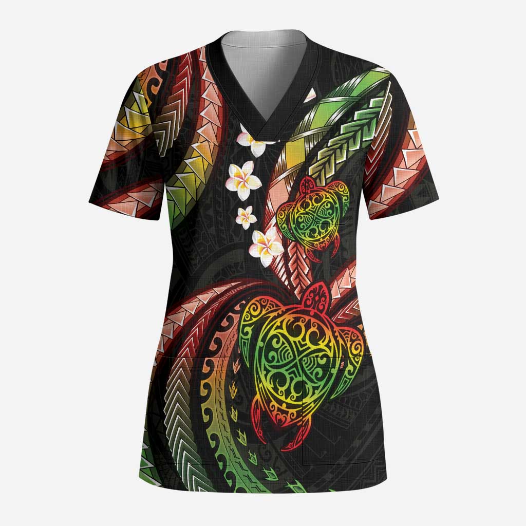 Hawaii Turtles Plumeria Scrub Top Reggae Polynesian Pattern - Polynesian Pride