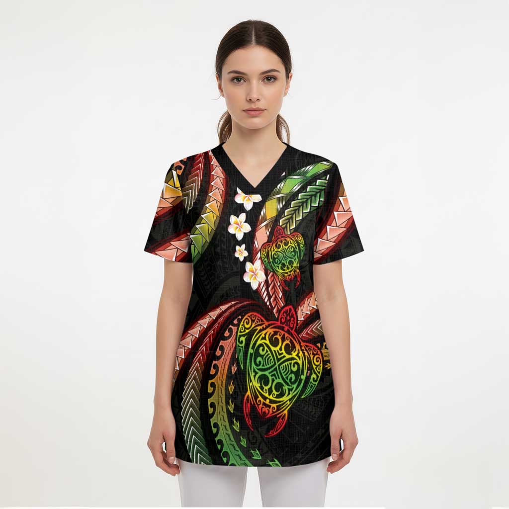 Hawaii Turtles Plumeria Scrub Top Reggae Polynesian Pattern - Polynesian Pride