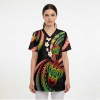Hawaii Turtles Plumeria Scrub Top Reggae Polynesian Pattern - Polynesian Pride