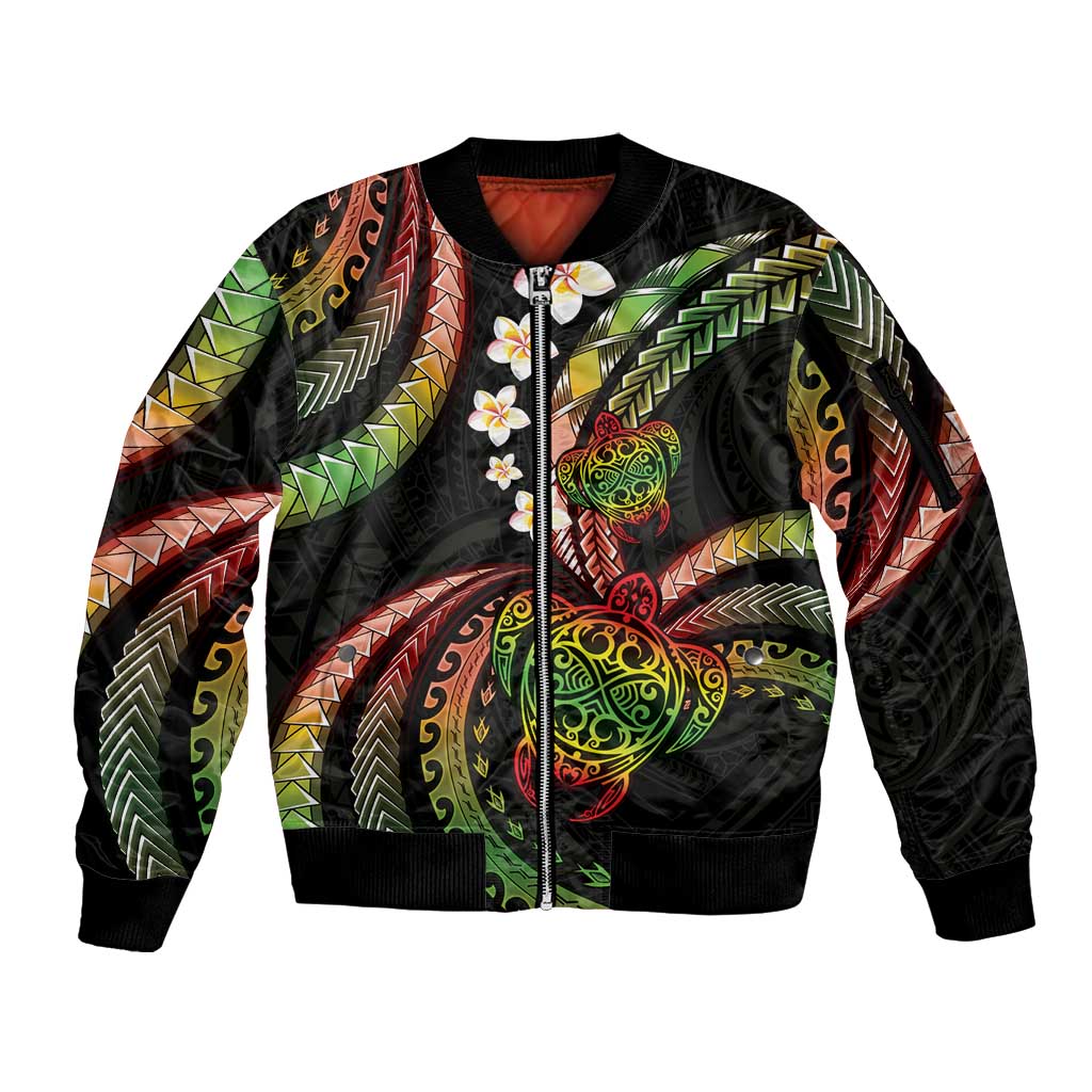 Hawaii Turtles Plumeria Sleeve Zip Bomber Jacket Reggae Polynesian Pattern