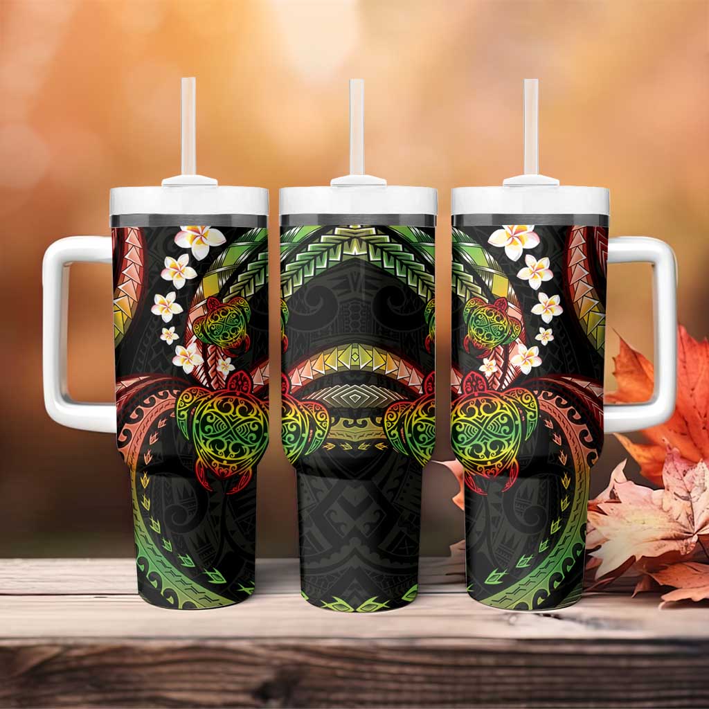 Hawaii Turtles Plumeria Tumbler With Handle Reggae Polynesian Pattern