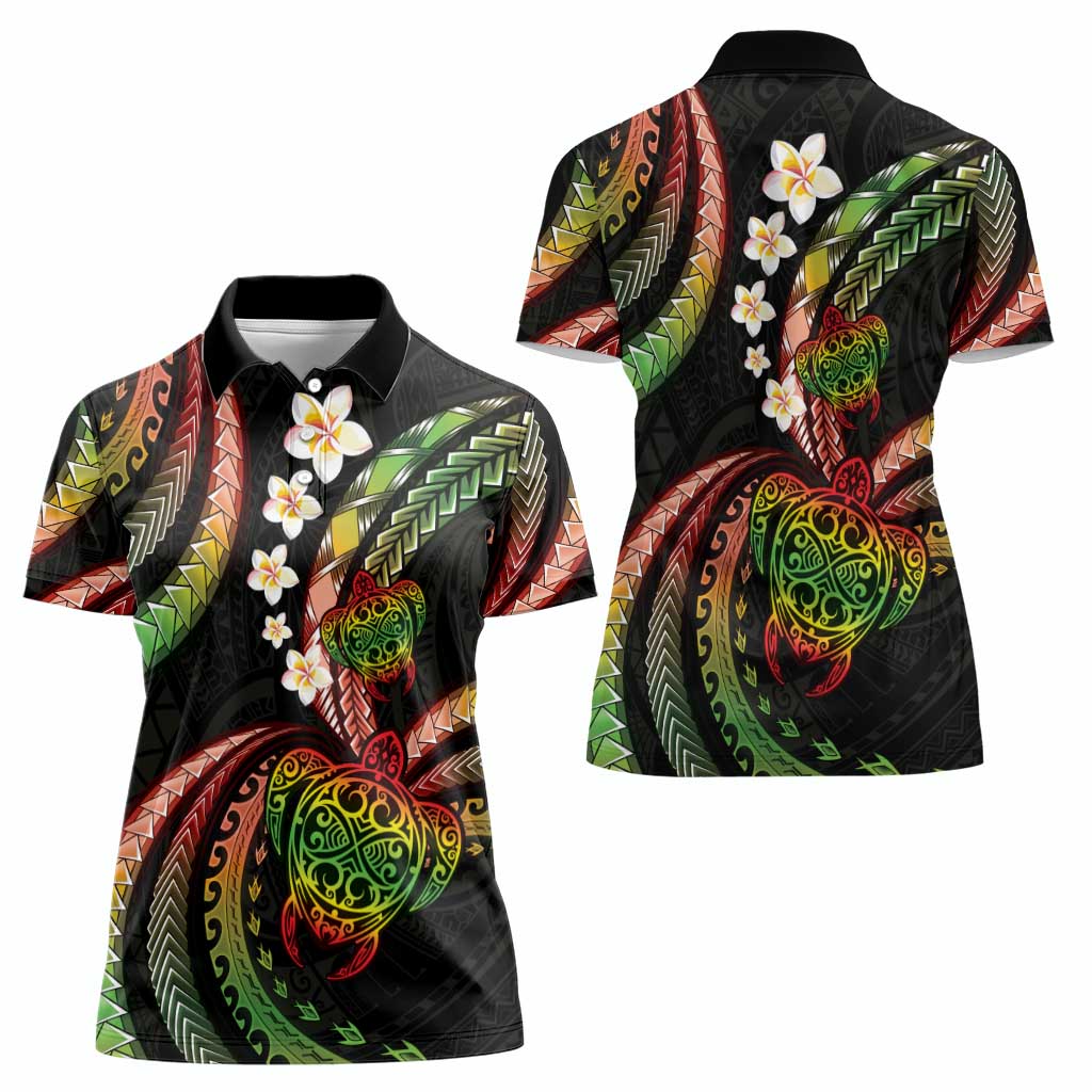Hawaii Turtles Plumeria Women Polo Shirt Reggae Polynesian Pattern