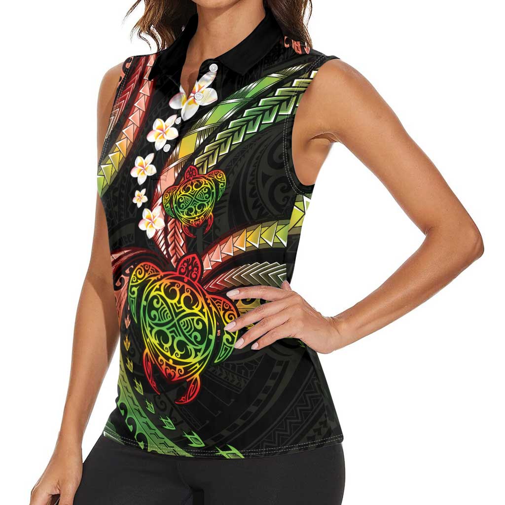 Hawaii Turtles Plumeria Women Sleeveless Polo Shirt Reggae Polynesian Pattern