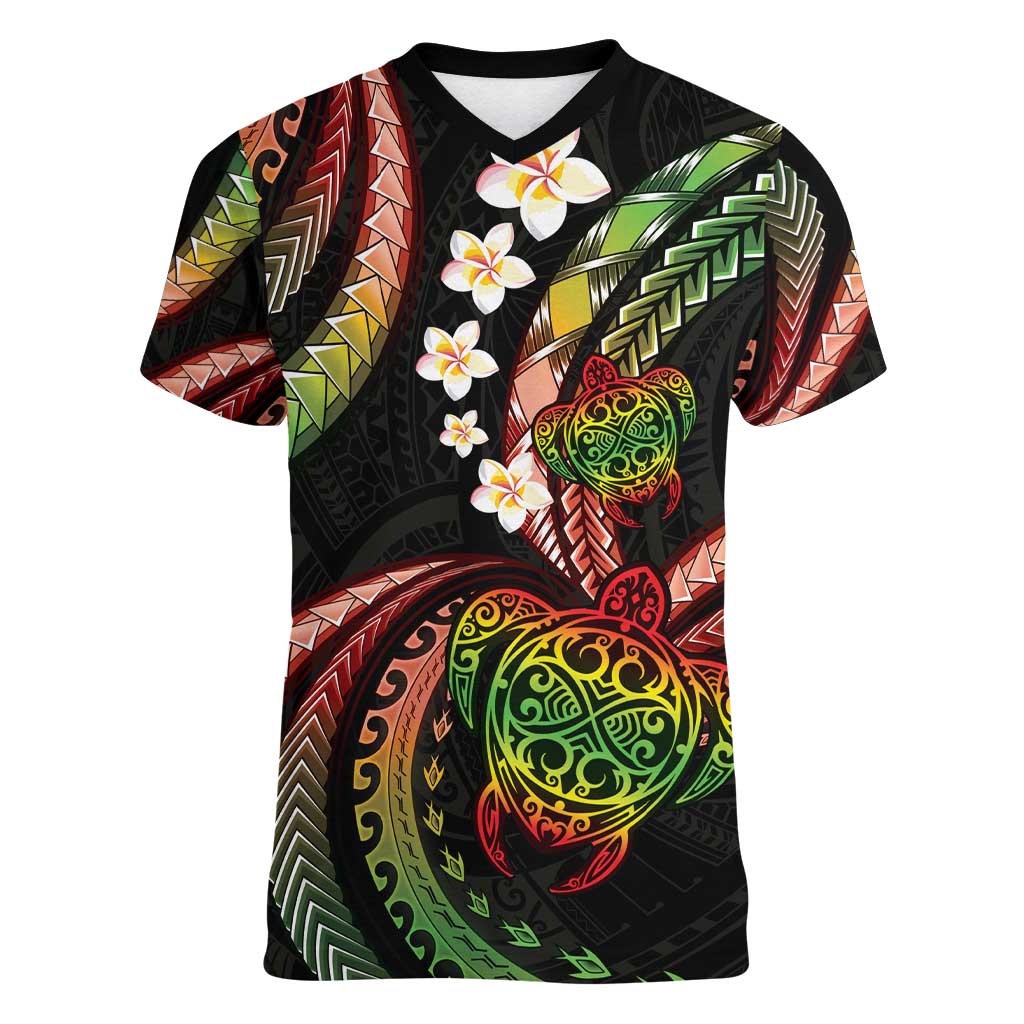 Hawaii Turtles Plumeria Women V-Neck T-Shirt Reggae Polynesian Pattern