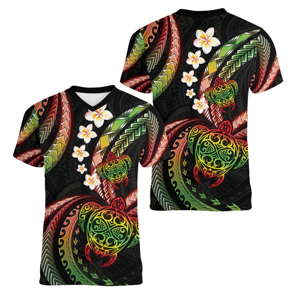 Hawaii Turtles Plumeria Women V-Neck T-Shirt Reggae Polynesian Pattern