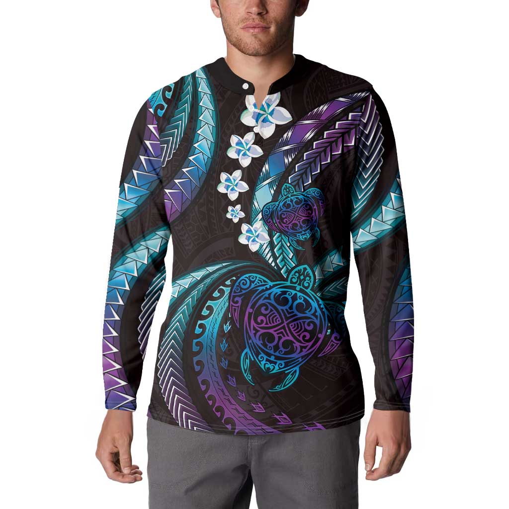 Hawaii Turtles Plumeria Button Sweatshirt Amethyst Gradient Polynesian Pattern LT01 - Polynesian Pride