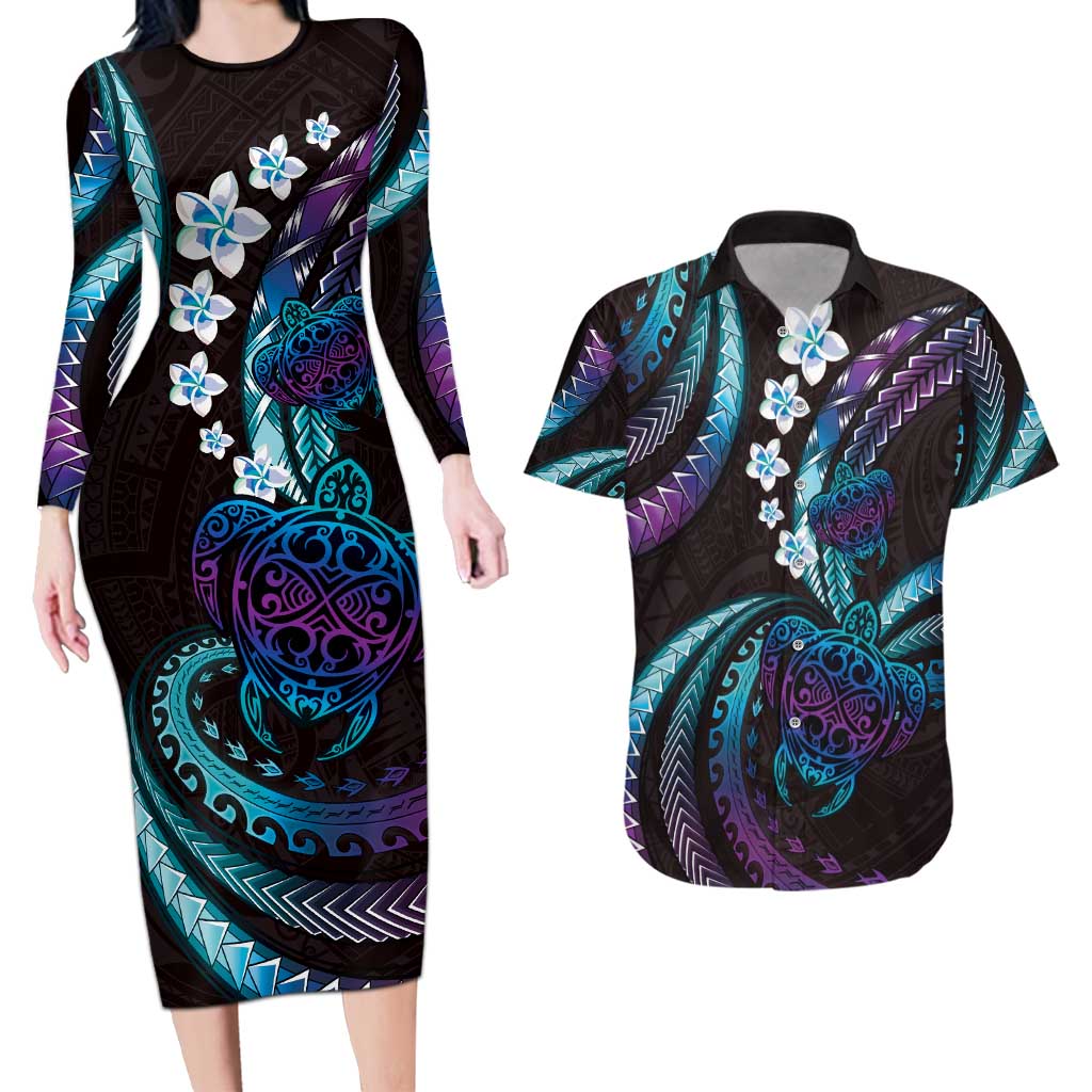 Hawaii Turtles Plumeria Couples Matching Long Sleeve Bodycon Dress and Hawaiian Shirt Amethyst Gradient Polynesian Pattern LT01 Purple - Polynesian Pride