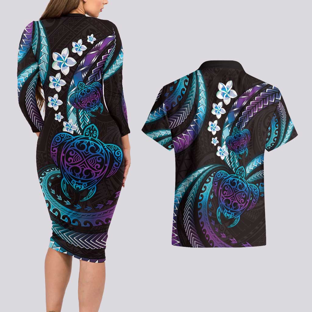 Hawaii Turtles Plumeria Couples Matching Long Sleeve Bodycon Dress and Hawaiian Shirt Amethyst Gradient Polynesian Pattern LT01 - Polynesian Pride
