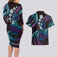 Hawaii Turtles Plumeria Couples Matching Long Sleeve Bodycon Dress and Hawaiian Shirt Amethyst Gradient Polynesian Pattern LT01 - Polynesian Pride
