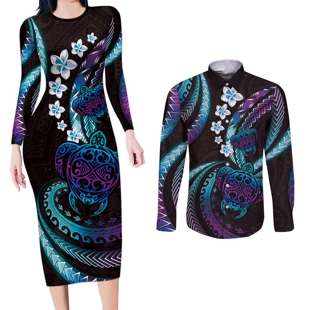 Hawaii Turtles Plumeria Couples Matching Long Sleeve Bodycon Dress and Long Sleeve Button Shirt Amethyst Gradient Polynesian Pattern LT01 Purple - Polynesian Pride