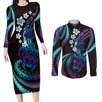 Hawaii Turtles Plumeria Couples Matching Long Sleeve Bodycon Dress and Long Sleeve Button Shirt Amethyst Gradient Polynesian Pattern LT01 Purple - Polynesian Pride