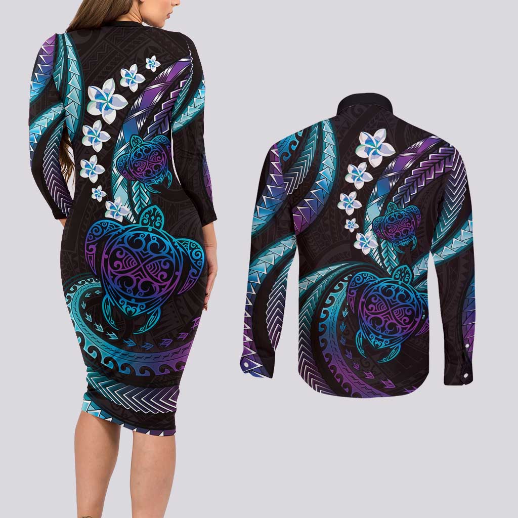 Hawaii Turtles Plumeria Couples Matching Long Sleeve Bodycon Dress and Long Sleeve Button Shirt Amethyst Gradient Polynesian Pattern LT01 - Polynesian Pride