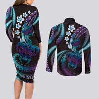 Hawaii Turtles Plumeria Couples Matching Long Sleeve Bodycon Dress and Long Sleeve Button Shirt Amethyst Gradient Polynesian Pattern LT01 - Polynesian Pride